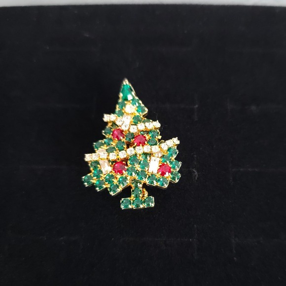 Eisenberg Ice Christmas Tree Pin Rhinestone Green Red Gold Tone‎ Brooch - Picture 13 of 16